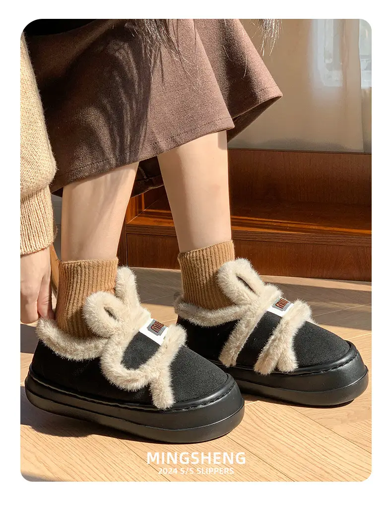 Korean-style cartoon rabbit ears cotton-padded shoes women's winter fleece-lined warm all-round heel moon shoes thick-soled increased non-slip cotton-padded shoes — feature 9