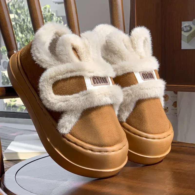 Korean-style cartoon rabbit ears cotton-padded shoes women's winter fleece-lined warm all-round heel moon shoes thick-soled increased non-slip cotton-padded shoes - Image 2
