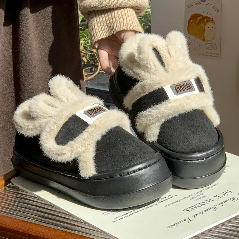 Korean-style cartoon rabbit ears cotton-padded shoes women's winter fleece-lined warm all-round heel moon shoes thick-soled increased non-slip cotton-padded shoes - Image 3