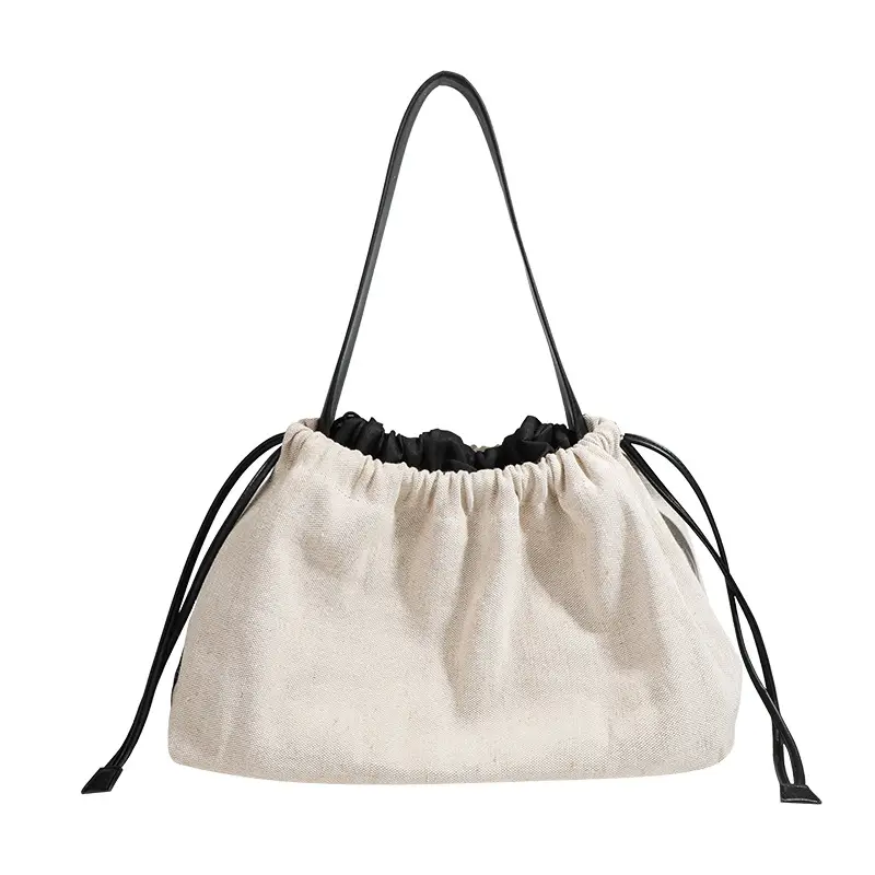 Canvas Patchwork Drawstring Linen Tote Bag - Image 6