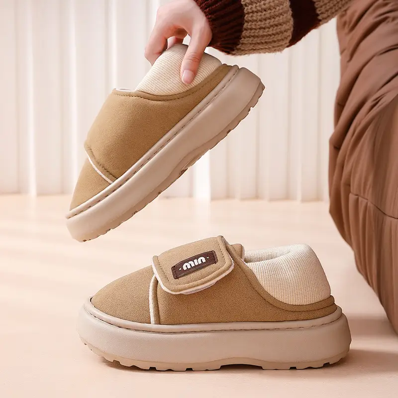 Black Cotton Winter Slippers for Women with Velcro & Thick Bottom - Image 6