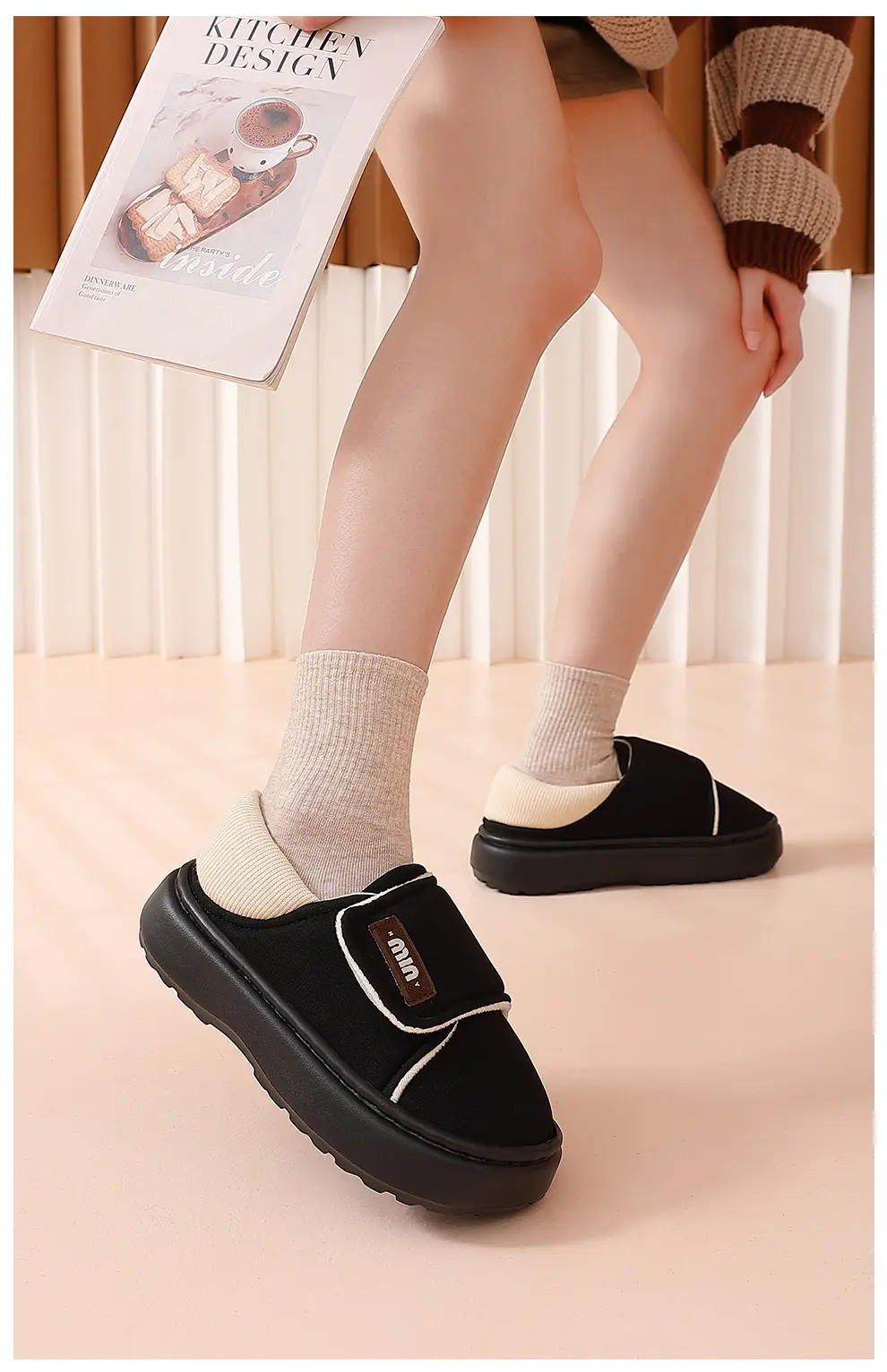 Black Cotton Winter Slippers for Women with Velcro & Thick Bottom — feature 8