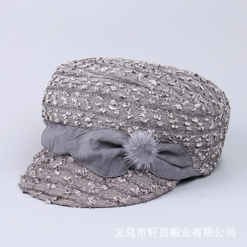 Women's Silver Sequin Beret Hat with Fur Trim