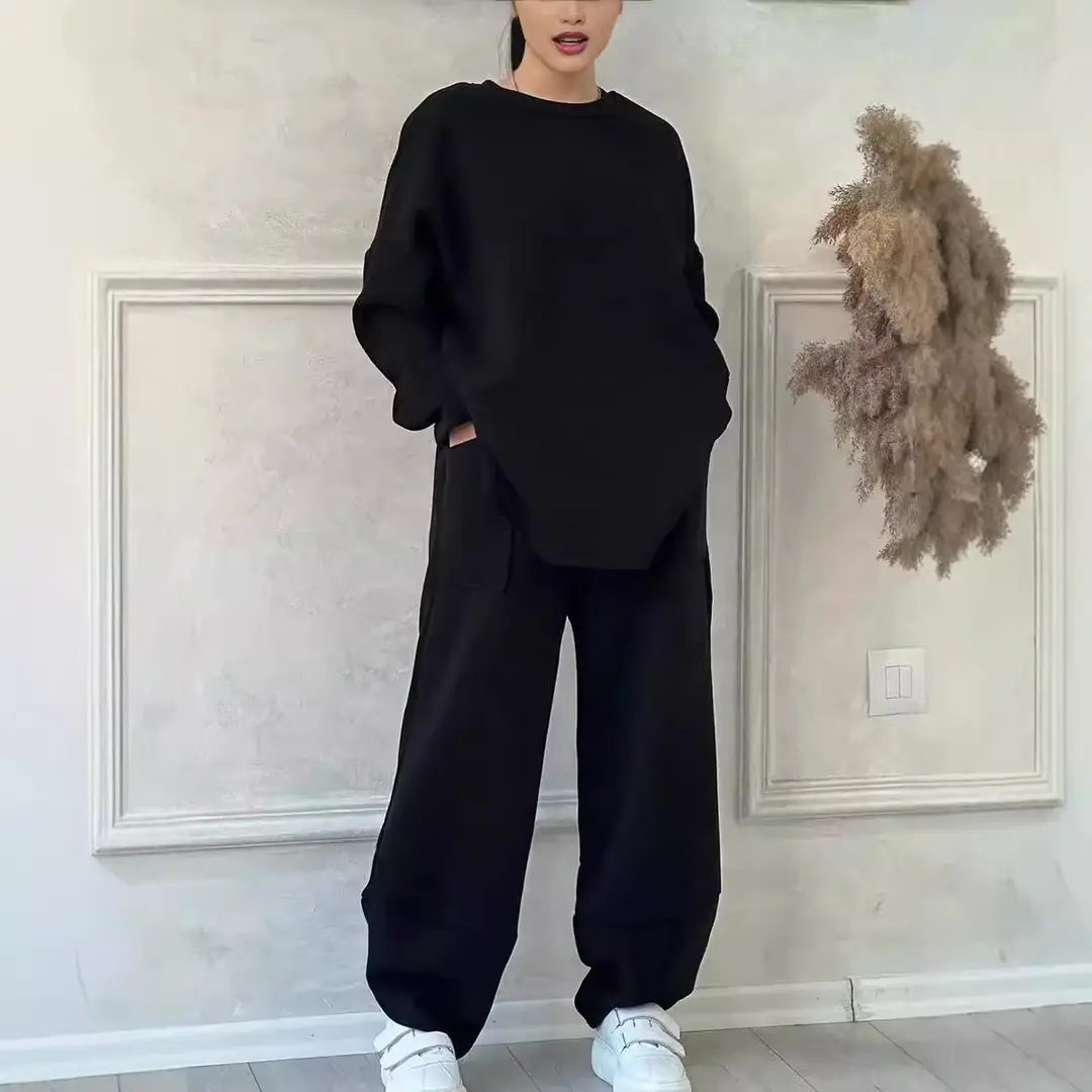 2026 European and American Cross-Border Autumn and Winter Women's Casual Solid Color Round Neck Long Sleeve Pocket Sports Suit Sweatshirt Loose Fit