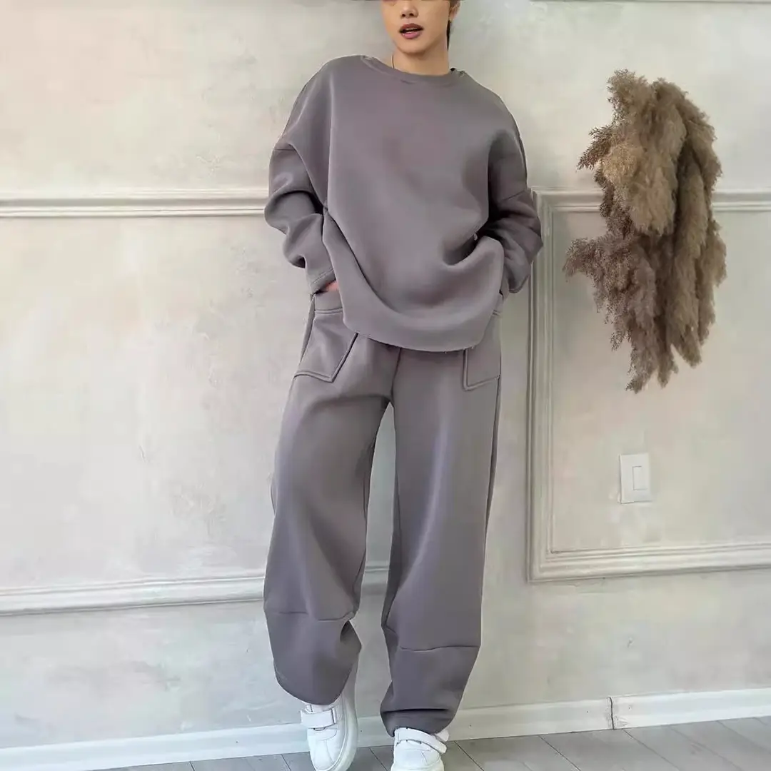 2026 European and American Cross-Border Autumn and Winter Women's Casual Solid Color Round Neck Long Sleeve Pocket Sports Suit Sweatshirt Loose Fit
