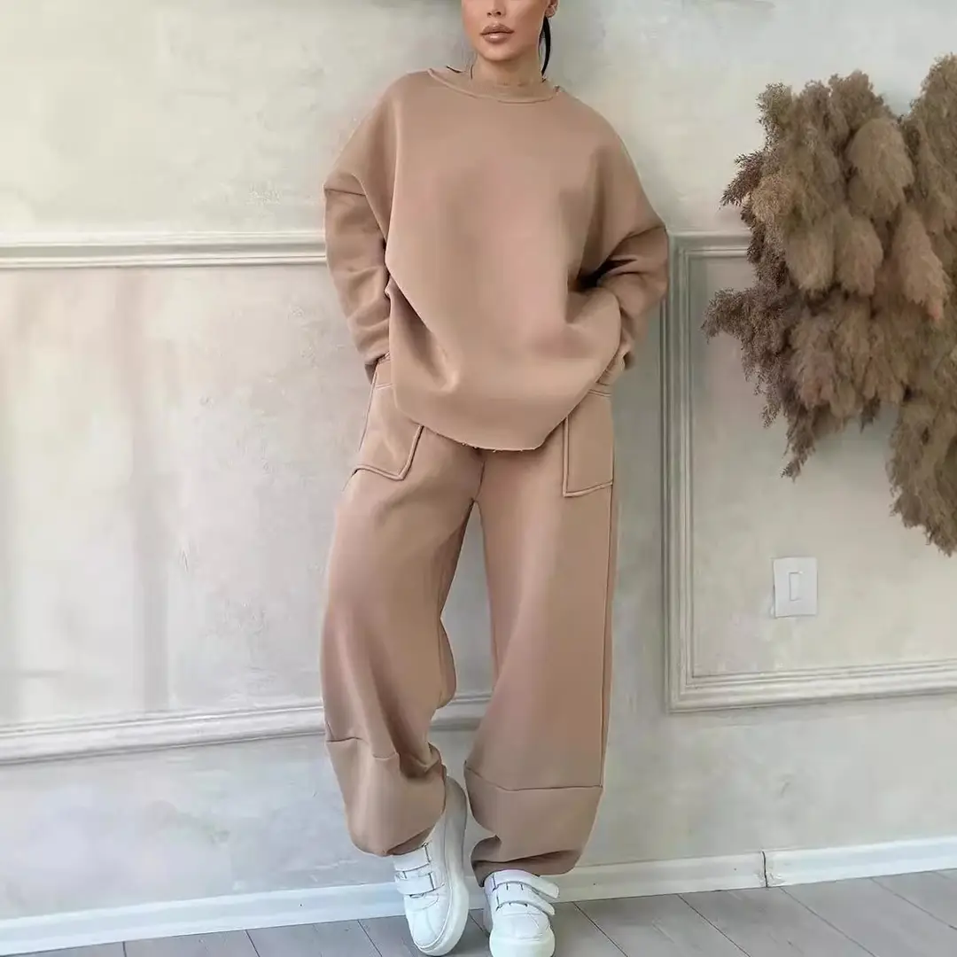 2026 European and American Cross-Border Autumn and Winter Women's Casual Solid Color Round Neck Long Sleeve Pocket Sports Suit Sweatshirt Loose Fit