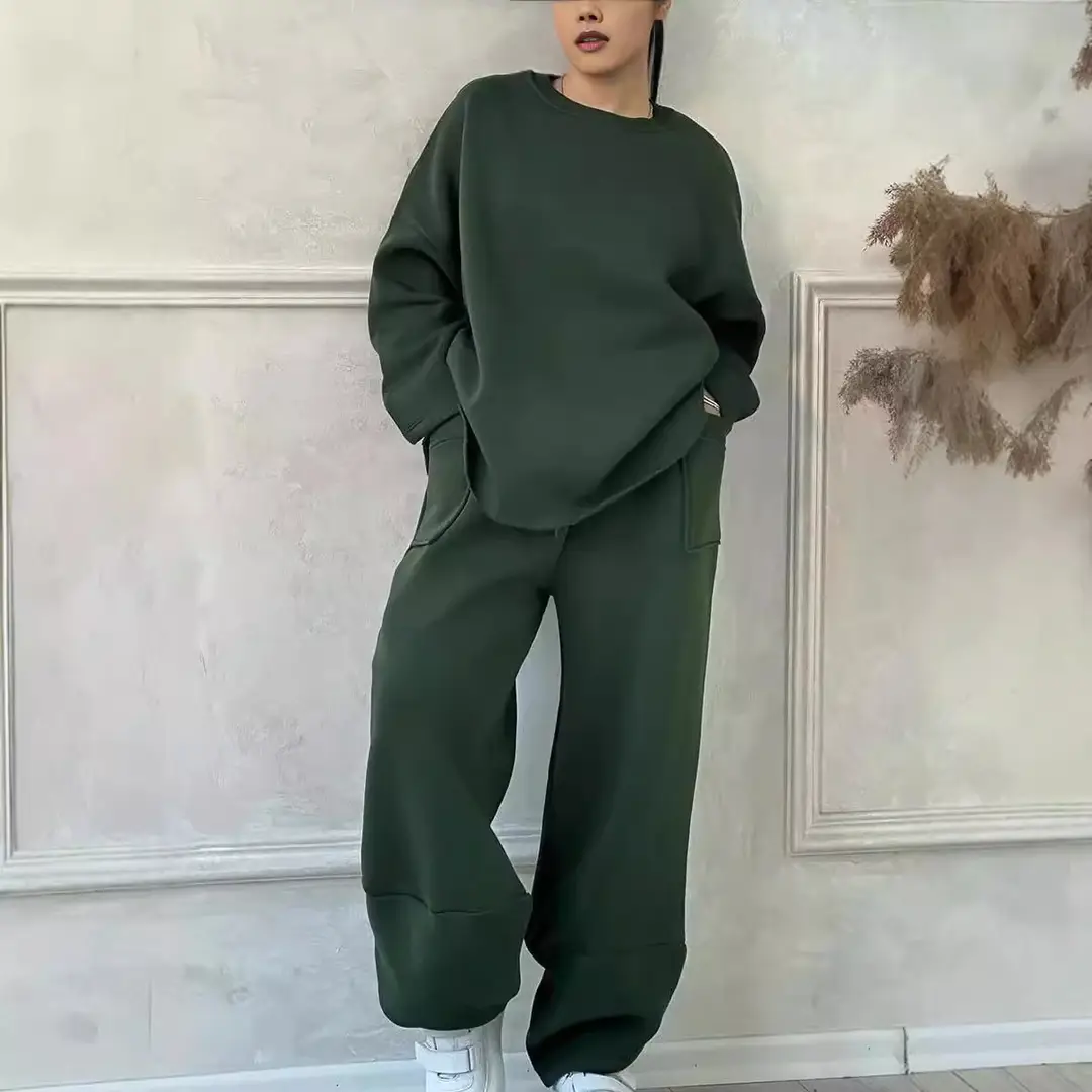 2026 European and American Cross-Border Autumn and Winter Women's Casual Solid Color Round Neck Long Sleeve Pocket Sports Suit Sweatshirt Loose Fit