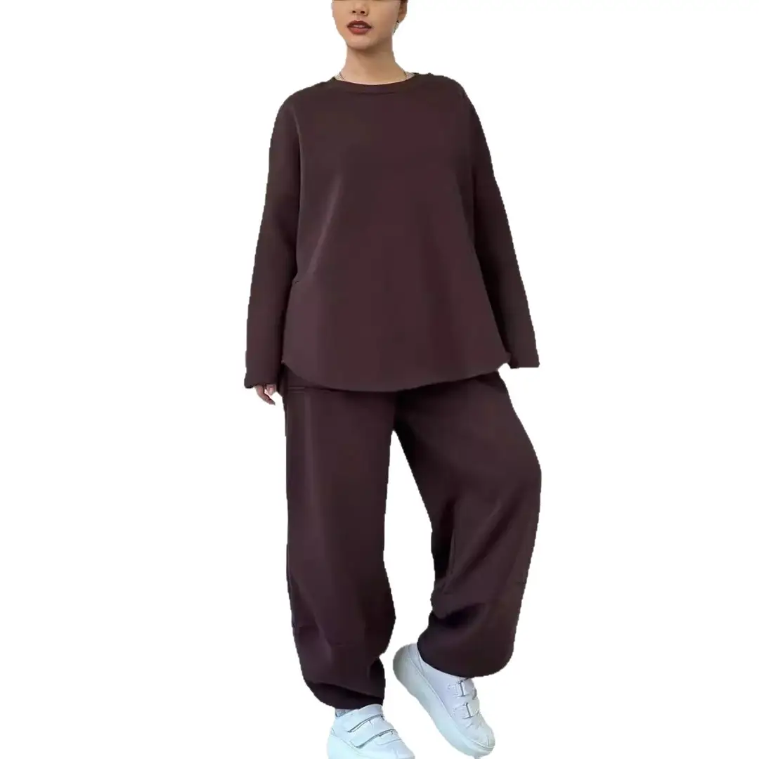 2026 European and American Cross-Border Autumn and Winter Women's Casual Solid Color Round Neck Long Sleeve Pocket Sports Suit Sweatshirt Loose Fit