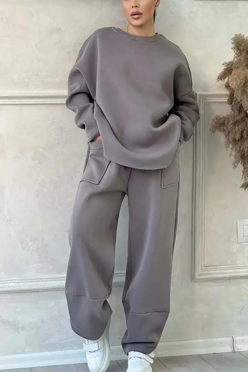 2026 European and American Cross-Border Autumn and Winter Women's Casual Solid Color Round Neck Long Sleeve Pocket Sports Suit Sweatshirt Loose Fit — feature 10