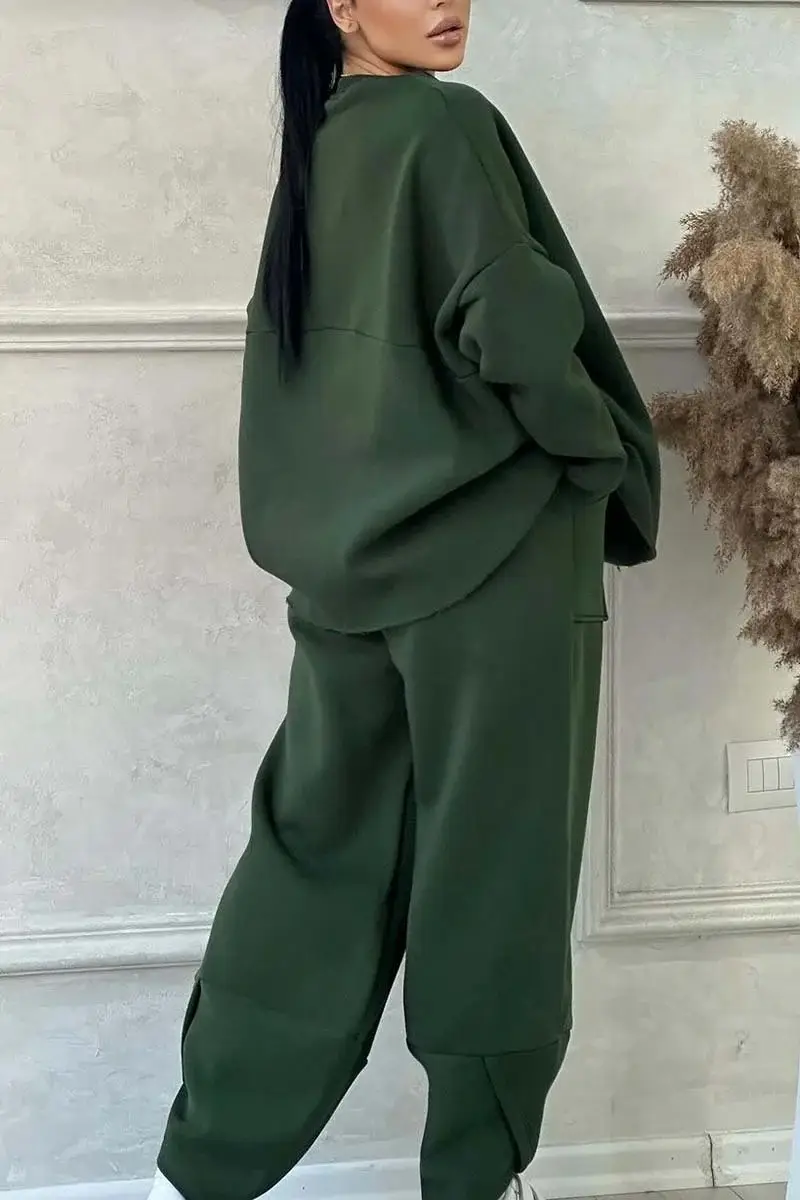 2026 European and American Cross-Border Autumn and Winter Women's Casual Solid Color Round Neck Long Sleeve Pocket Sports Suit Sweatshirt Loose Fit — feature 3