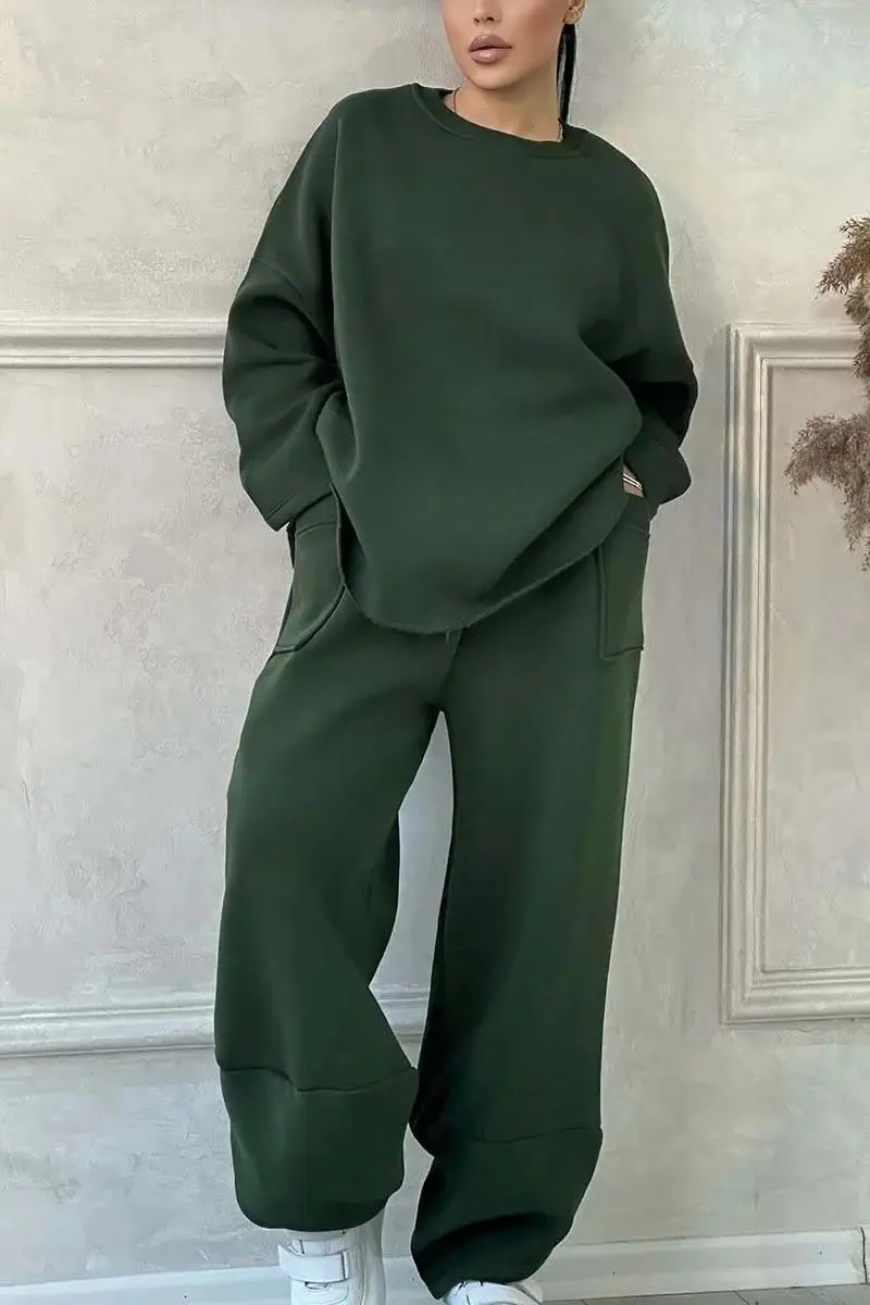 2026 European and American Cross-Border Autumn and Winter Women's Casual Solid Color Round Neck Long Sleeve Pocket Sports Suit Sweatshirt Loose Fit — feature 4