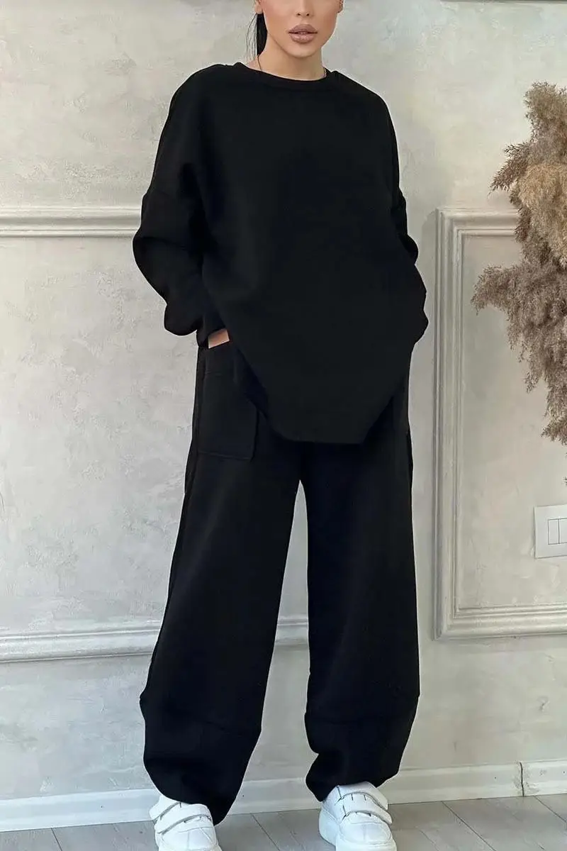 2026 European and American Cross-Border Autumn and Winter Women's Casual Solid Color Round Neck Long Sleeve Pocket Sports Suit Sweatshirt Loose Fit — feature 5