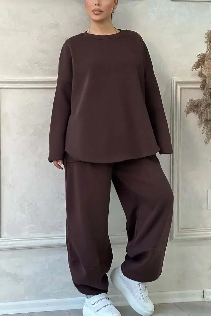 2026 European and American Cross-Border Autumn and Winter Women's Casual Solid Color Round Neck Long Sleeve Pocket Sports Suit Sweatshirt Loose Fit — feature 7