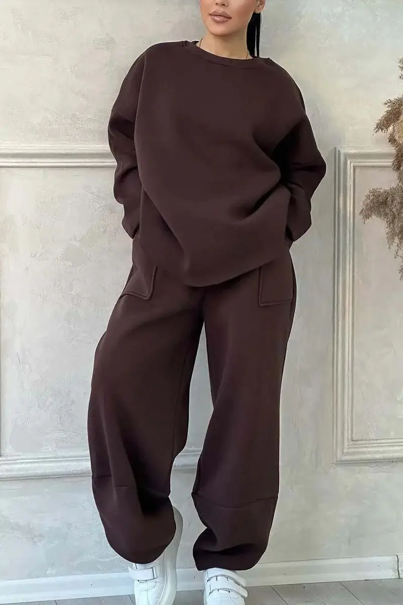 2026 European and American Cross-Border Autumn and Winter Women's Casual Solid Color Round Neck Long Sleeve Pocket Sports Suit Sweatshirt Loose Fit — feature 8