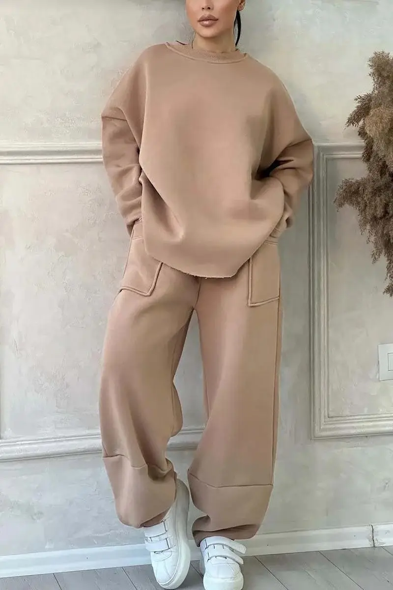 2026 European and American Cross-Border Autumn and Winter Women's Casual Solid Color Round Neck Long Sleeve Pocket Sports Suit Sweatshirt Loose Fit — feature 9