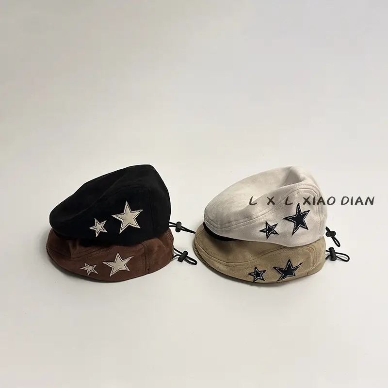 Children's Star Embroidered Berets Black Brown - Image 6