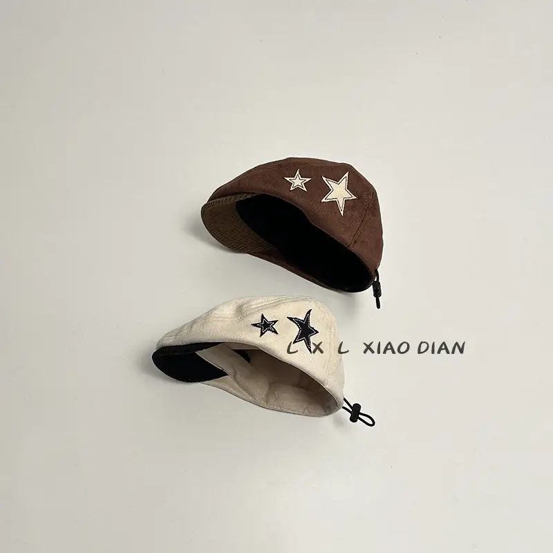 Children's Star Embroidered Berets Black Brown - Image 8