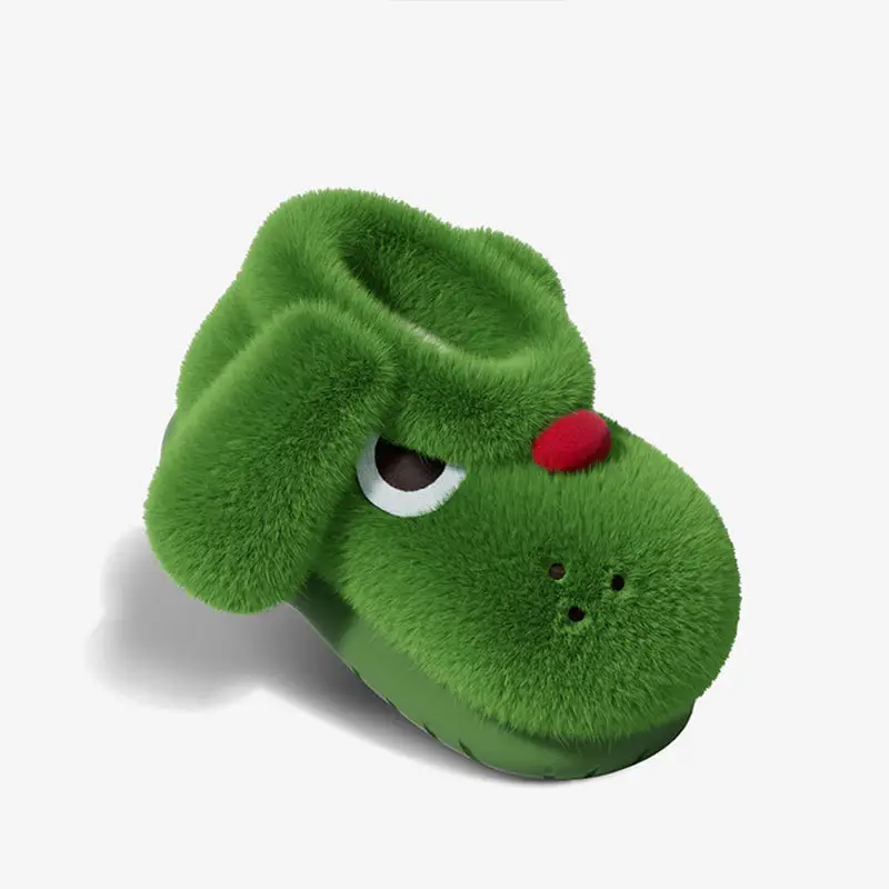 Green Plush Puppy Slipper for Women Winter Indoor Non-Slip