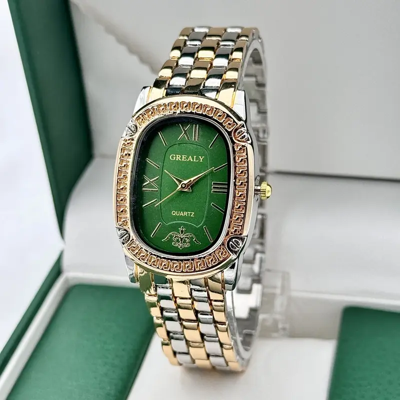 Grealy Women's Oval Roman Quartz Watch with Diamond Band - Image 12