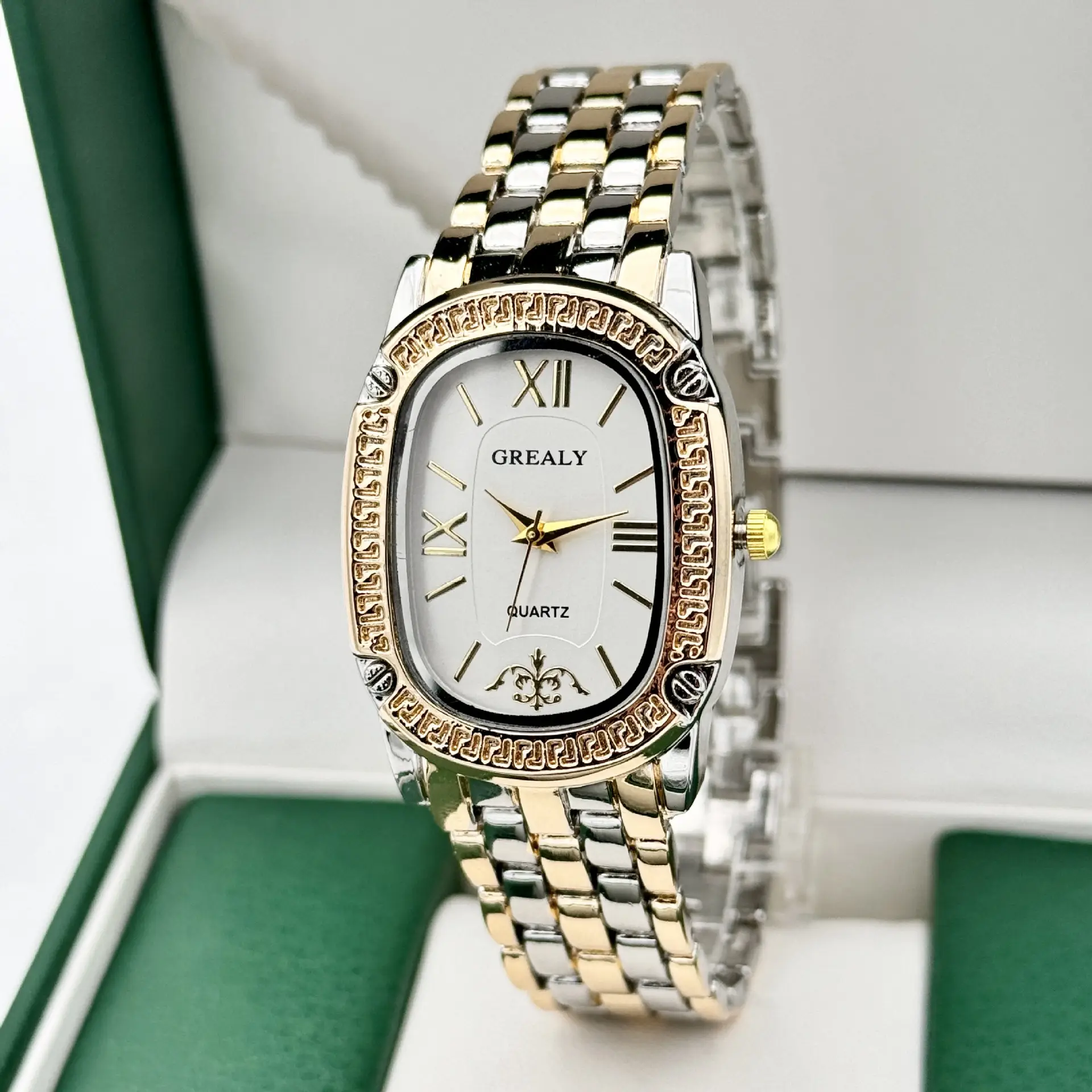 Grealy Women's Oval Roman Quartz Watch with Diamond Band — feature 4