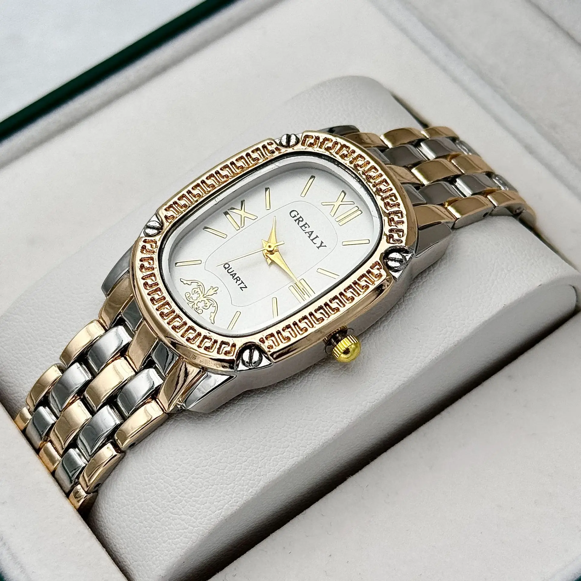 Grealy Women's Oval Roman Quartz Watch with Diamond Band — feature 5