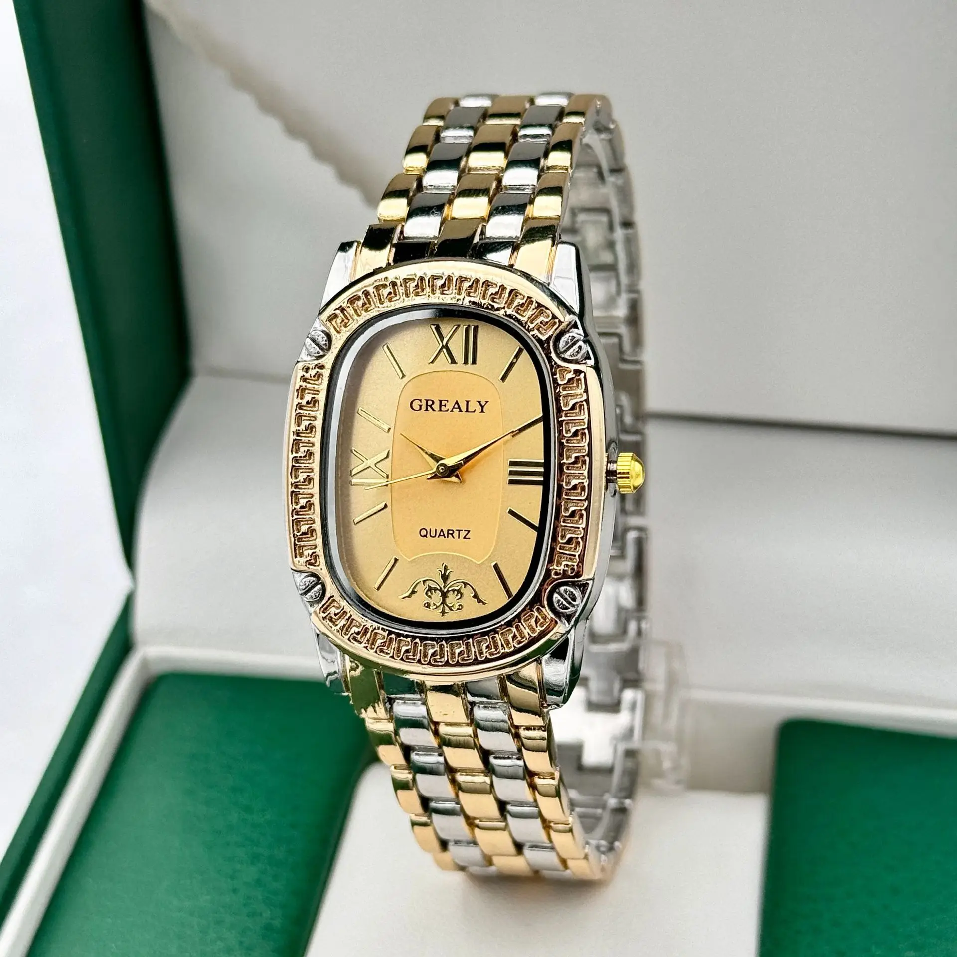 Grealy Women's Oval Roman Quartz Watch with Diamond Band — feature 8