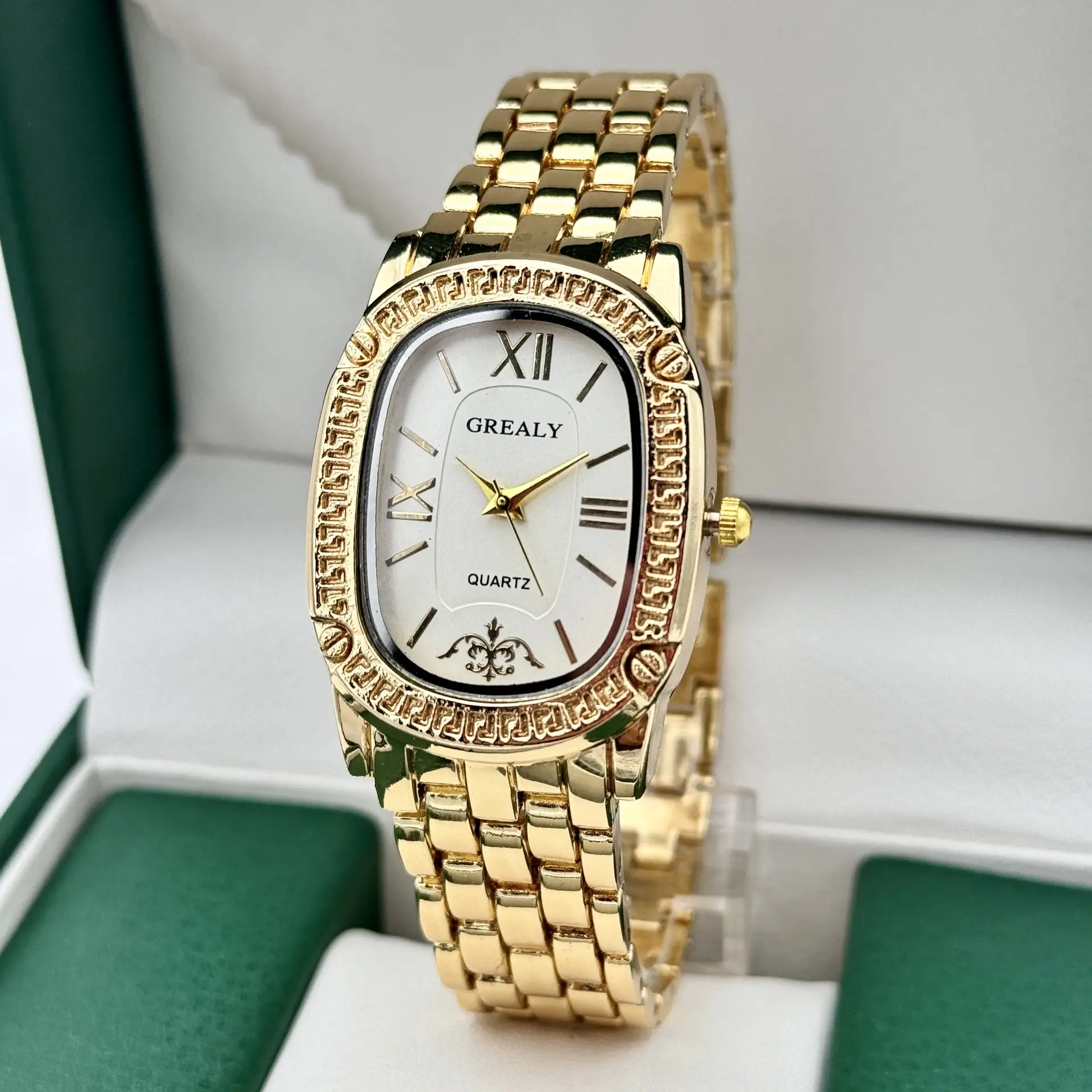 Grealy Women's Oval Roman Quartz Watch with Diamond Band — feature 9