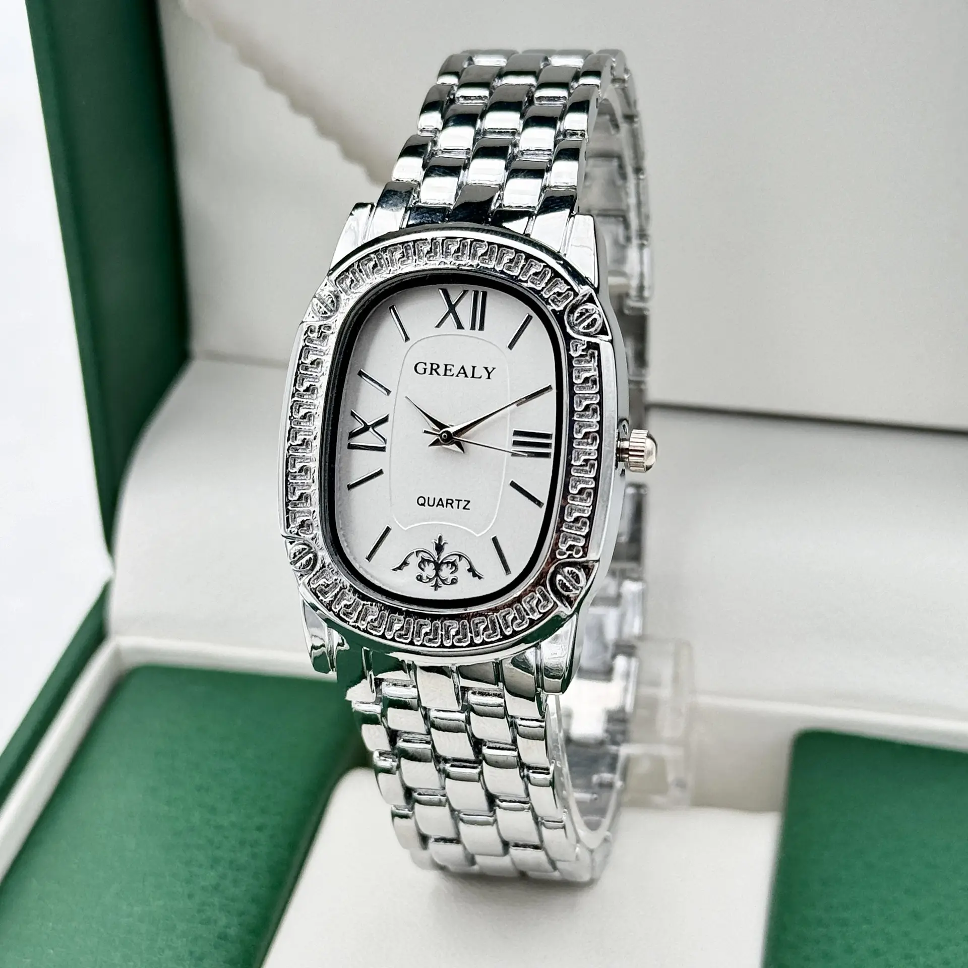 Grealy Women's Oval Roman Quartz Watch with Diamond Band - Image 7