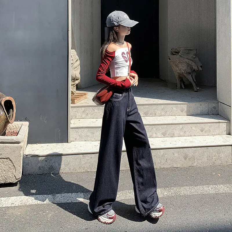 Women's Retro Dark Blue Wide Leg Jeans with Meat Covering