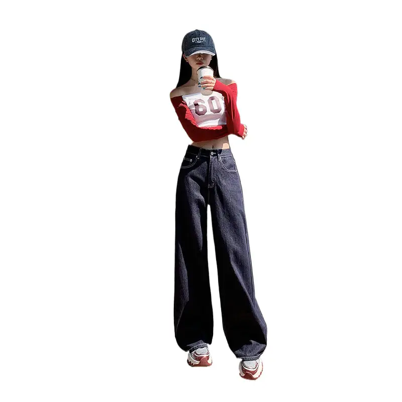 Women's Retro Dark Blue Wide Leg Jeans with Meat Covering