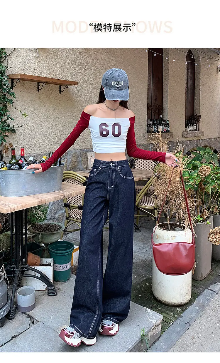 Women's Retro Dark Blue Wide Leg Jeans with Meat Covering — feature 10