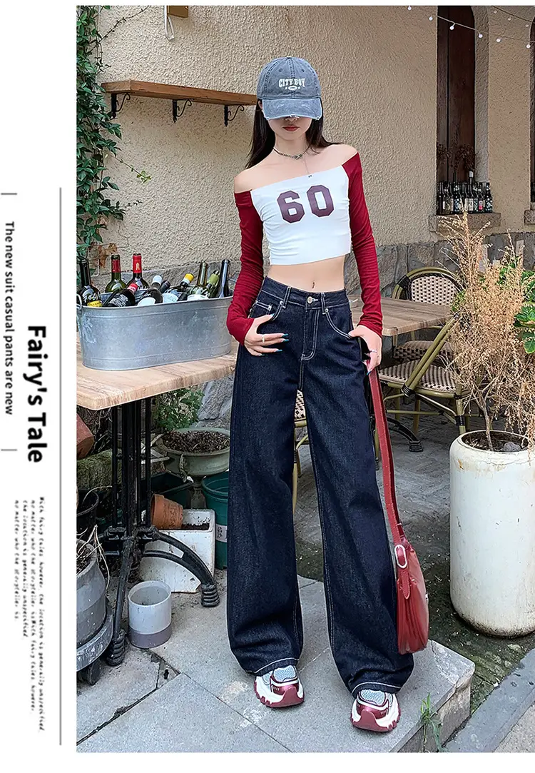 Women's Retro Dark Blue Wide Leg Jeans with Meat Covering — feature 12