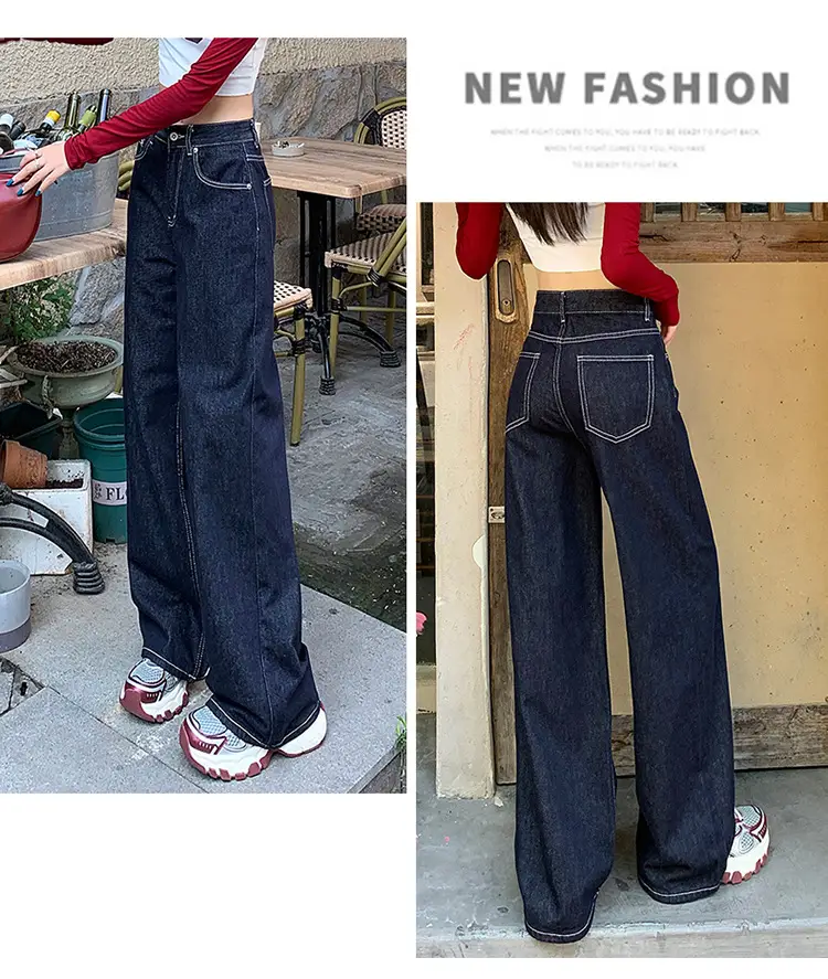 Women's Retro Dark Blue Wide Leg Jeans with Meat Covering — feature 13