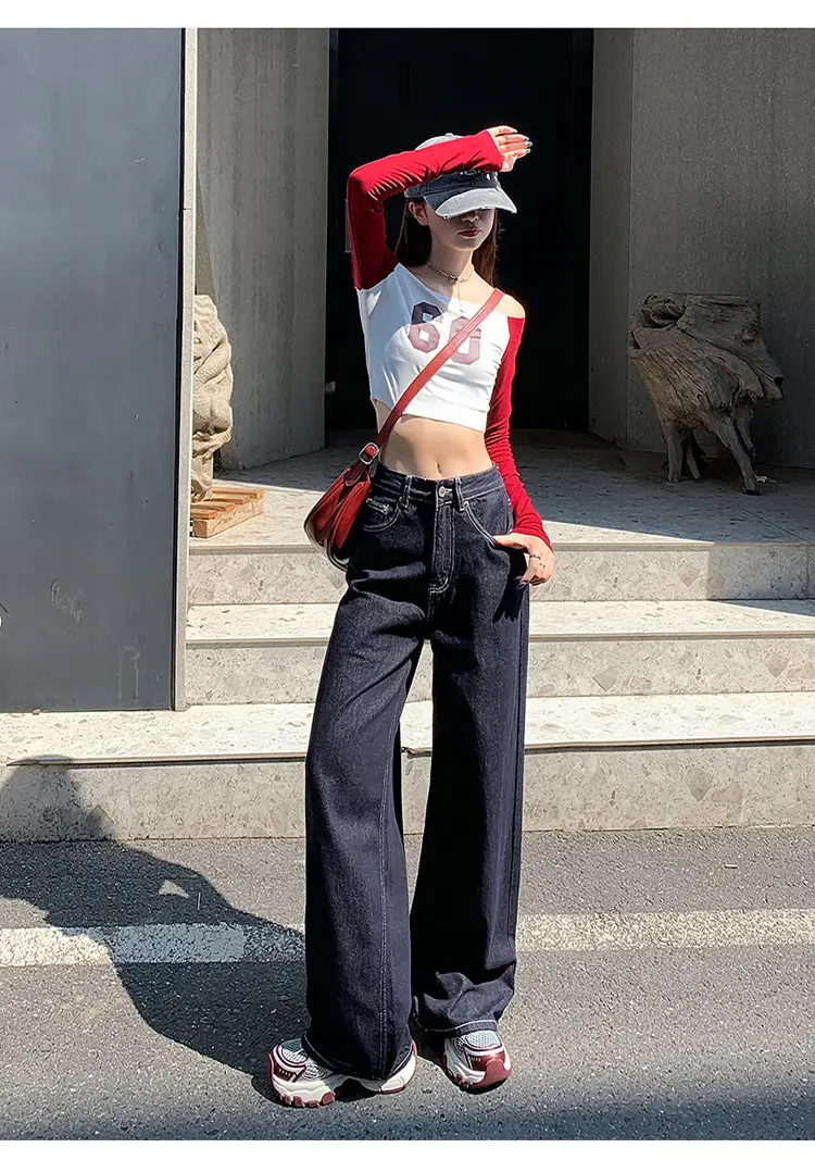 Women's Retro Dark Blue Wide Leg Jeans with Meat Covering — feature 14