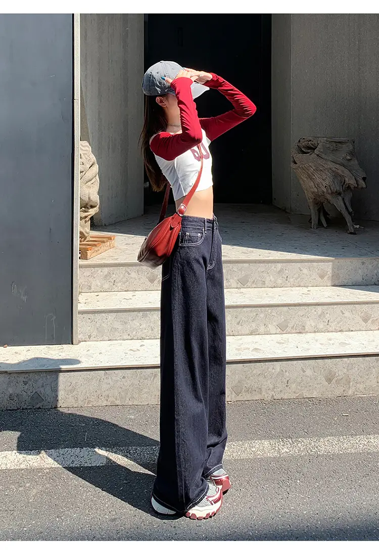 Women's Retro Dark Blue Wide Leg Jeans with Meat Covering — feature 15