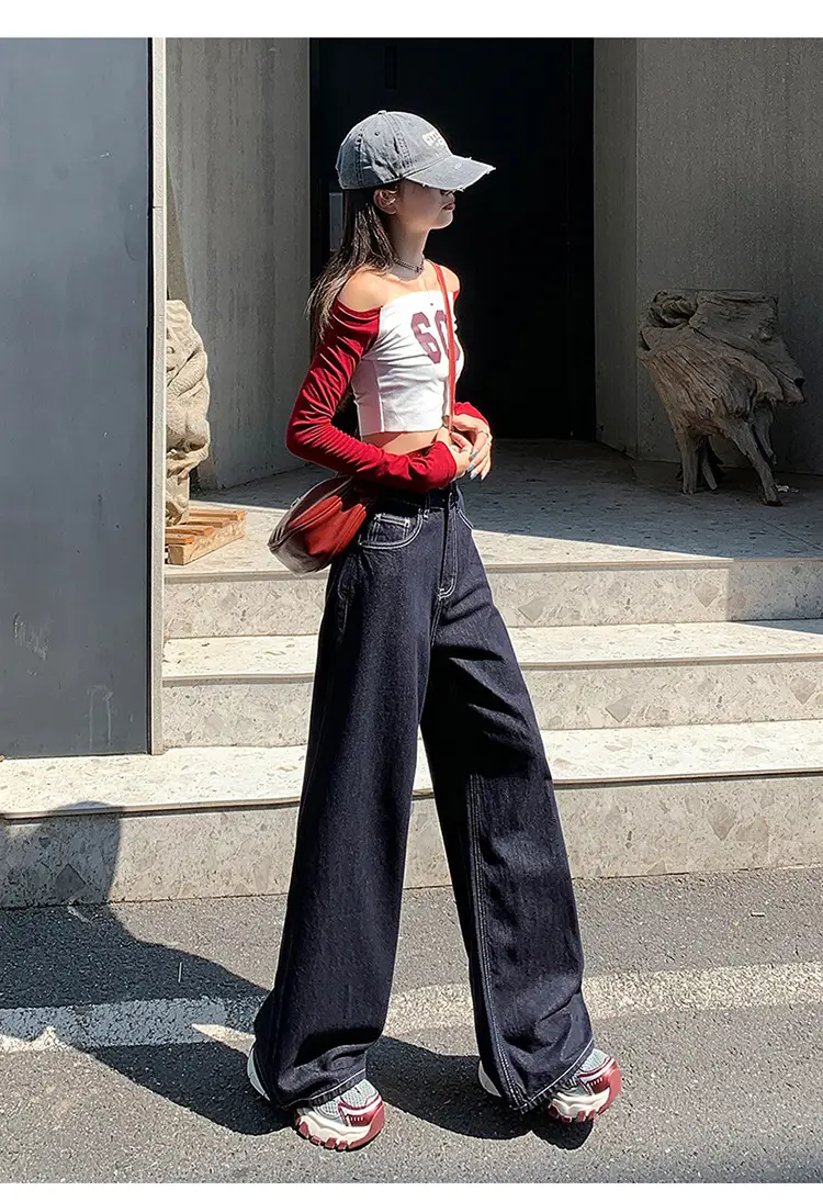 Women's Retro Dark Blue Wide Leg Jeans with Meat Covering — feature 16