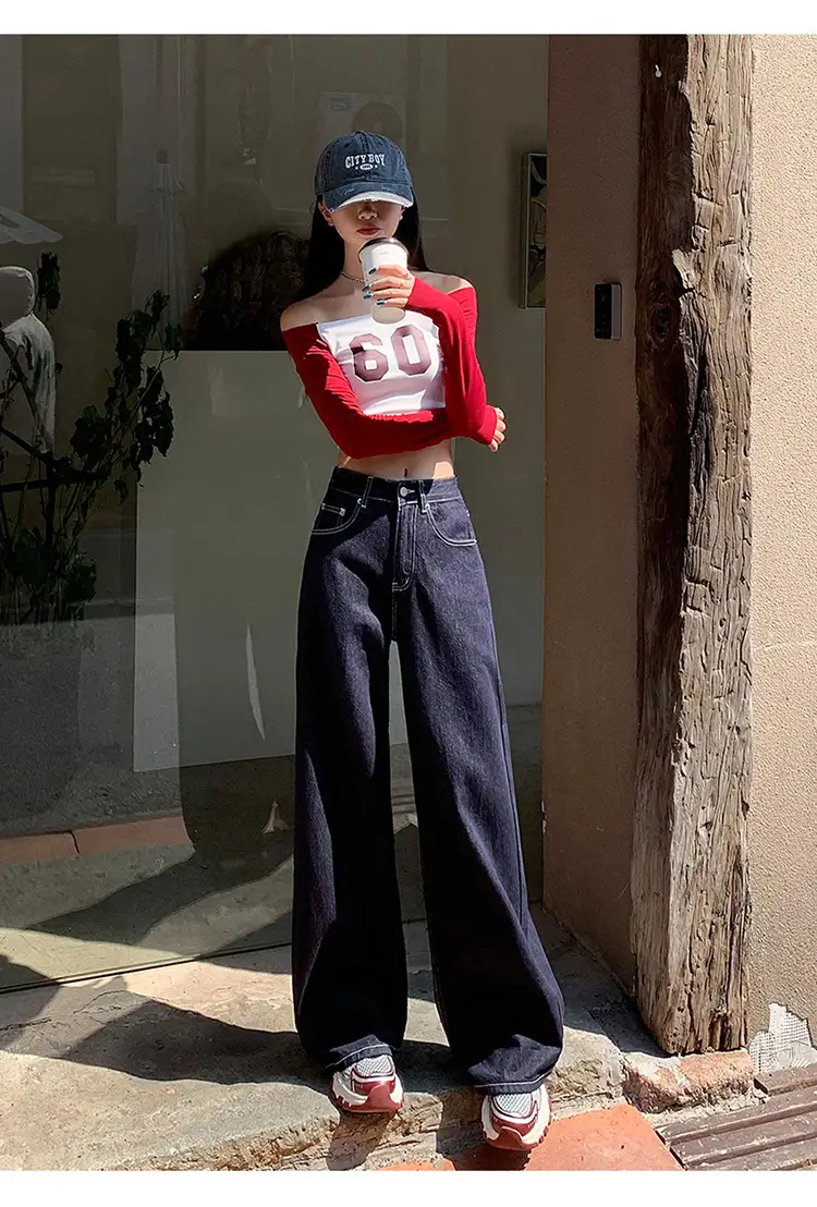 Women's Retro Dark Blue Wide Leg Jeans with Meat Covering — feature 17