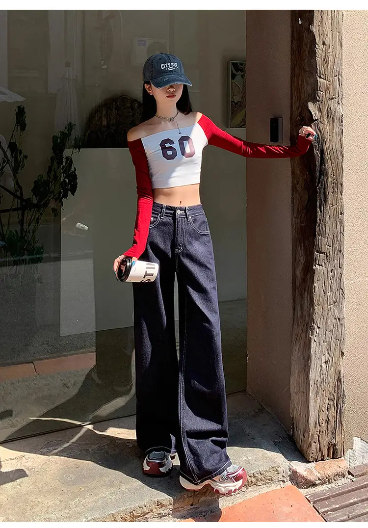 Women's Retro Dark Blue Wide Leg Jeans with Meat Covering — feature 18