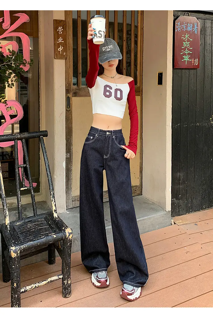 Women's Retro Dark Blue Wide Leg Jeans with Meat Covering — feature 19
