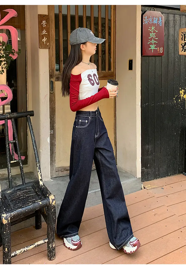 Women's Retro Dark Blue Wide Leg Jeans with Meat Covering — feature 20