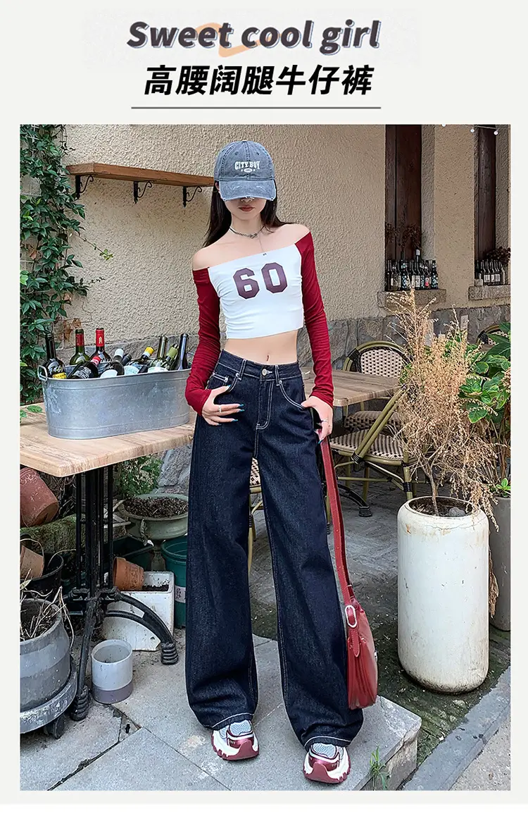 Women's Retro Dark Blue Wide Leg Jeans with Meat Covering — feature 3