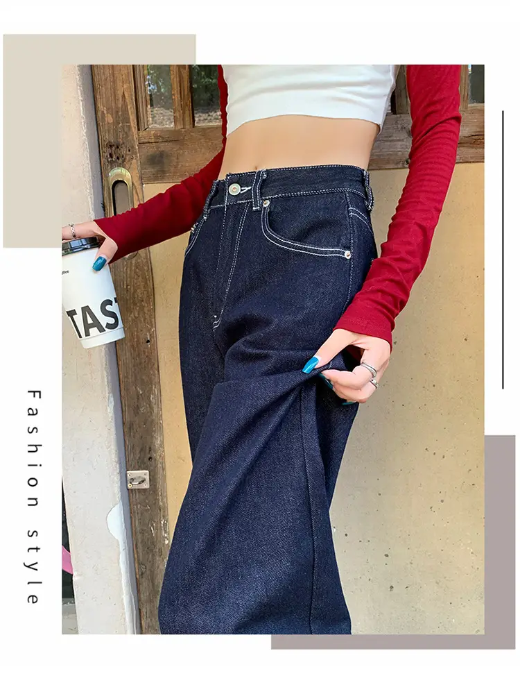Women's Retro Dark Blue Wide Leg Jeans with Meat Covering — feature 5