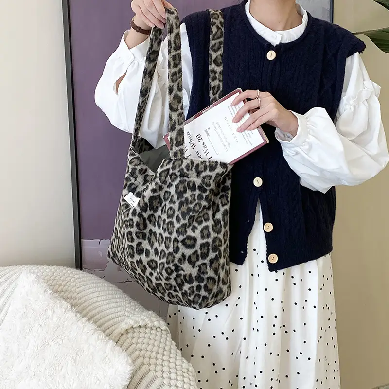 Women's Leopard Print Wool Shoulder Bag Autumn Winter - Image 7