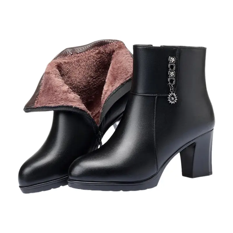 Women's Black Faux Leather Middle Heel Boots - Image 6