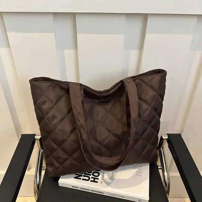 Women's Diamond Lattice Cotton Tote Bag Large Capacity - Image 2