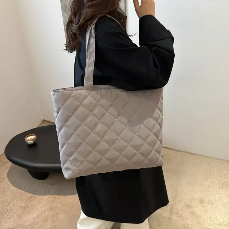 Women's Diamond Lattice Cotton Tote Bag Large Capacity - Image 3