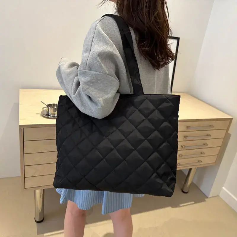 Women's Diamond Lattice Cotton Tote Bag Large Capacity - Image 4