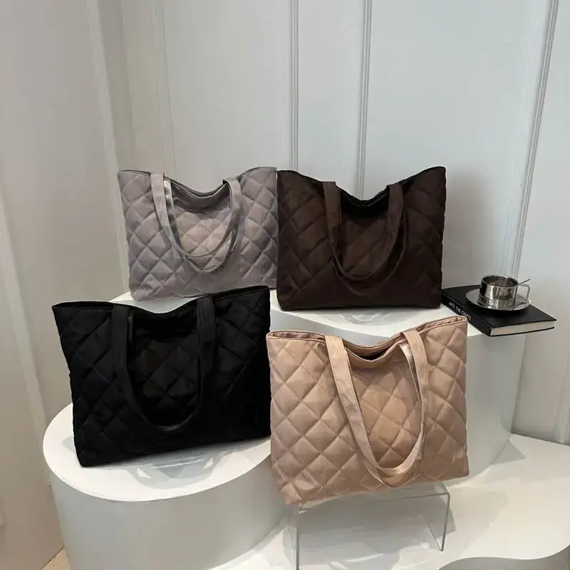 Women's Diamond Lattice Cotton Tote Bag Large Capacity - Image 5