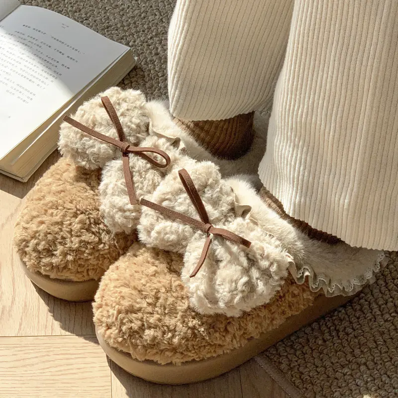 Plush Bow Cotton Slippers Women's Autumn and Winter 2024 New Indoor Home fleece-lined Warm Non-slip Thick Bottom Cotton Slippers - Image 3