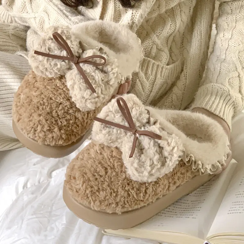 Plush Bow Cotton Slippers Women's Autumn and Winter 2024 New Indoor Home fleece-lined Warm Non-slip Thick Bottom Cotton Slippers - Image 4